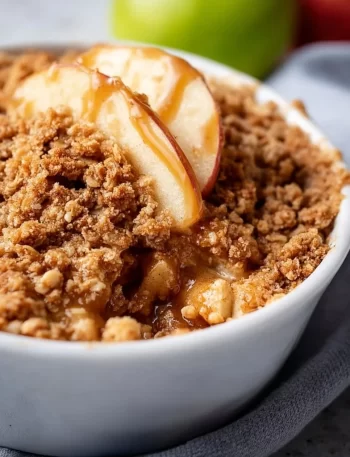 Delicious high protein apple crisp dessert served in a bowl.