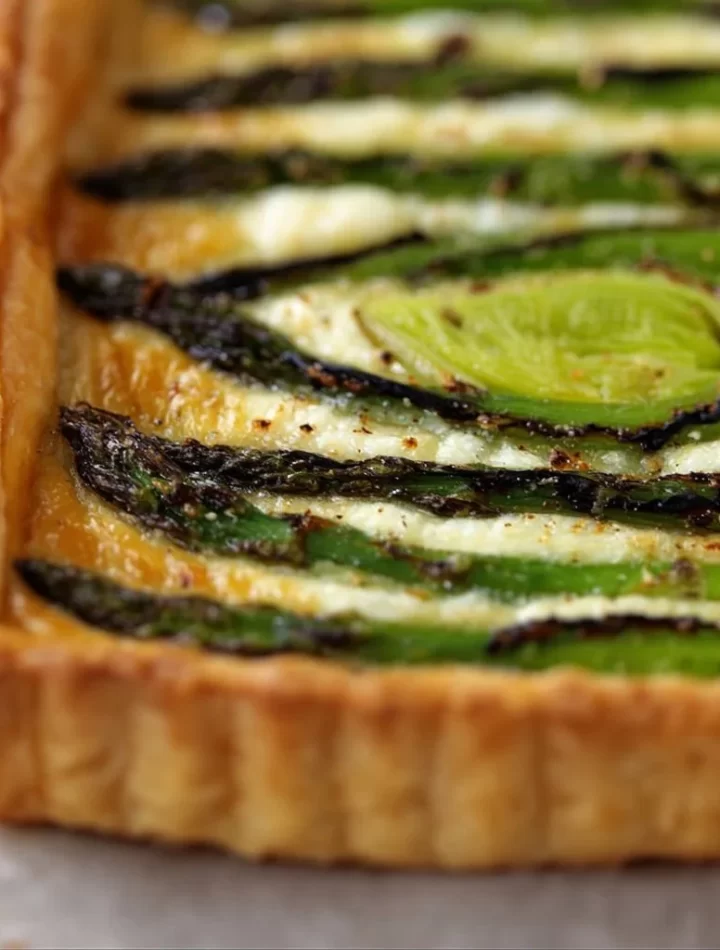 Asparagus Gruyere Tart garnished with herbs on a wooden board