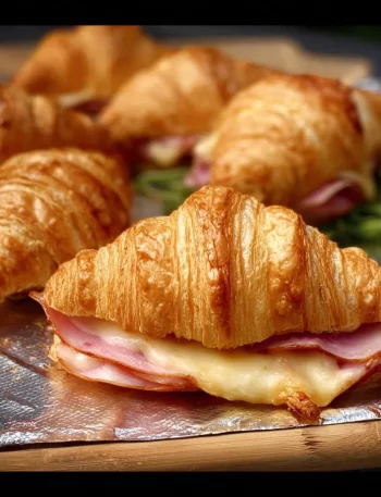 Baked ham and cheese croissants fresh out of the oven, golden and flaky.