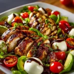 Baked marinated chicken salad topped with mozzarella and drizzled with balsamic vinaigrette