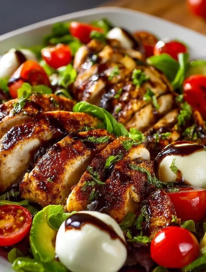 Baked marinated chicken salad topped with mozzarella and drizzled with balsamic vinaigrette