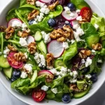 Colorful spring Easter salad topped with creamy goat cheese and fresh vegetables