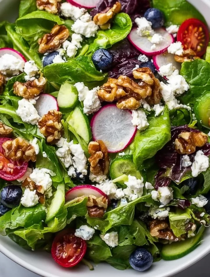 Colorful spring Easter salad topped with creamy goat cheese and fresh vegetables