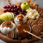 Caramel apple dessert charcuterie board with apples, caramel, and toppings