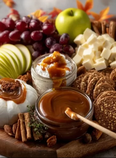 Caramel apple dessert charcuterie board with apples, caramel, and toppings