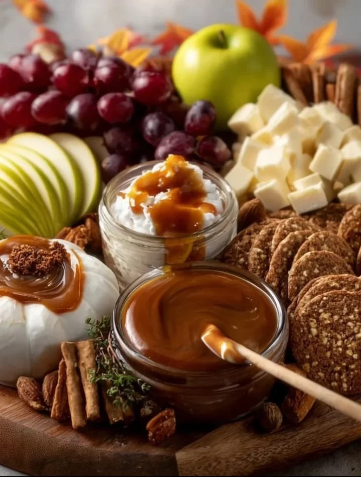 Caramel apple dessert charcuterie board with apples, caramel, and toppings