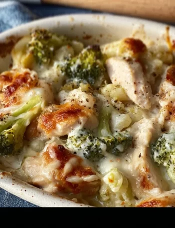 Low Carb Chicken Broccoli Alfredo Bake topped with cheese and fresh broccoli