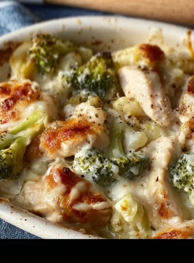 Low Carb Chicken Broccoli Alfredo Bake topped with cheese and fresh broccoli