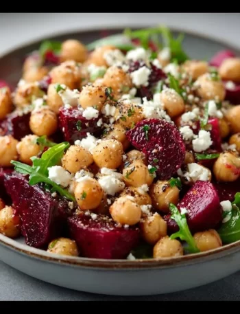Chickpea, beet, and feta salad in a bowl with fresh greens and colorful vegetables.