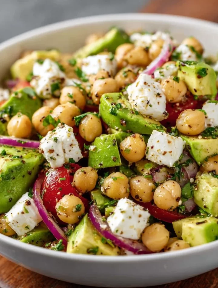 Chickpea Feta Avocado Salad in a colorful bowl garnished with fresh herbs