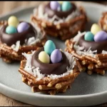 Chocolate-Covered Pretzel Nests decorated with colorful sprinkles
