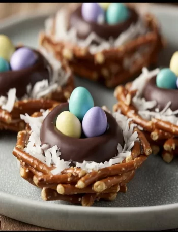 Chocolate-Covered Pretzel Nests decorated with colorful sprinkles