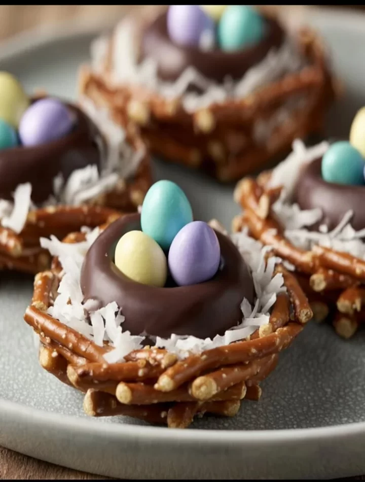 Chocolate-Covered Pretzel Nests decorated with colorful sprinkles