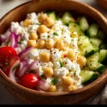 Cottage cheese and chickpea salad bowl with fresh veggies