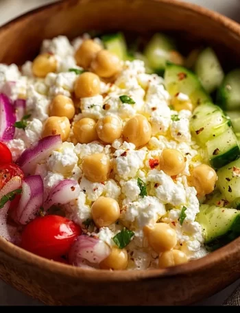 Cottage cheese and chickpea salad bowl with fresh veggies