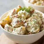 Creamy bacon potato salad with fresh herbs and crispy bacon pieces