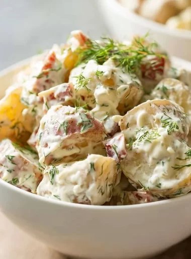 Creamy bacon potato salad with fresh herbs and crispy bacon pieces