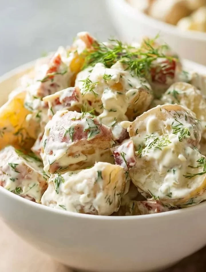 Creamy bacon potato salad with fresh herbs and crispy bacon pieces