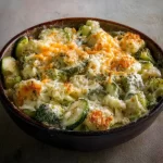 Creamy cheesy vegetable side dish served in a bowl with fresh herbs