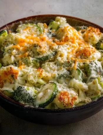 Creamy cheesy vegetable side dish served in a bowl with fresh herbs