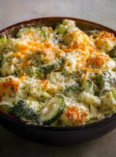Creamy cheesy vegetable side dish served in a bowl with fresh herbs