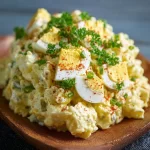 Creamy deviled egg potato salad served in a bowl for a tasty side dish.