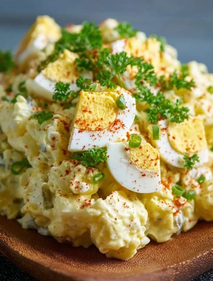 Creamy deviled egg potato salad served in a bowl for a tasty side dish.