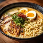 Creamy garlic chicken ramen bowl topped with green onions and sesame seeds
