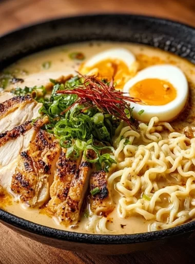 Creamy garlic chicken ramen bowl topped with green onions and sesame seeds