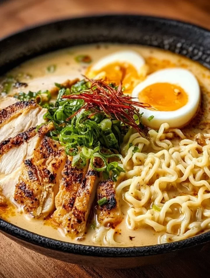 Creamy garlic chicken ramen bowl topped with green onions and sesame seeds