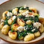 Creamy gnocchi with spinach and feta served in a bowl