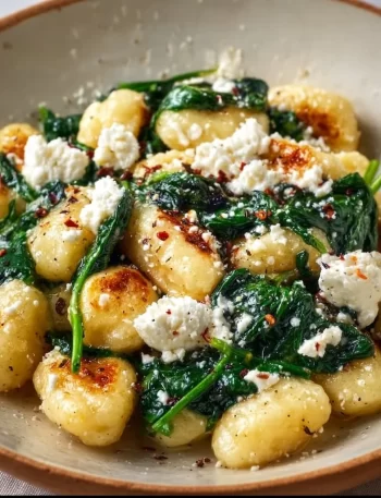 Creamy gnocchi with spinach and feta served in a bowl