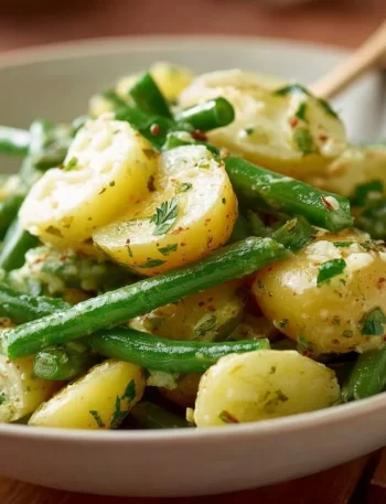 Creamy Green Bean Potato Salad with fresh vegetables in a bowl