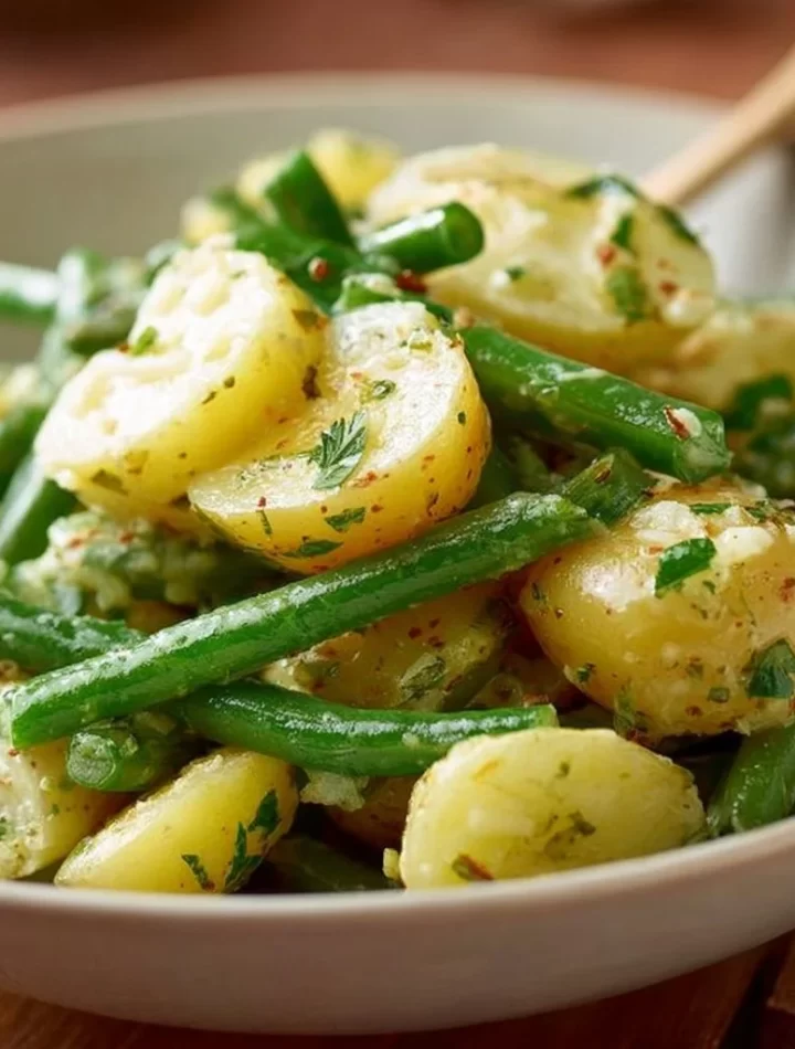 Creamy Green Bean Potato Salad with fresh vegetables in a bowl