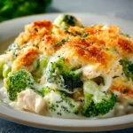 Creamy Keto Chicken Alfredo Broccoli Bake with cheese and chicken