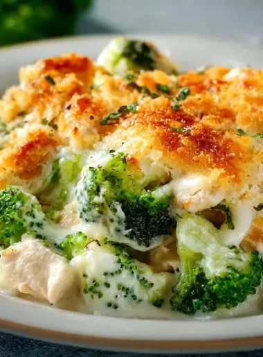 Creamy Keto Chicken Alfredo Broccoli Bake with cheese and chicken