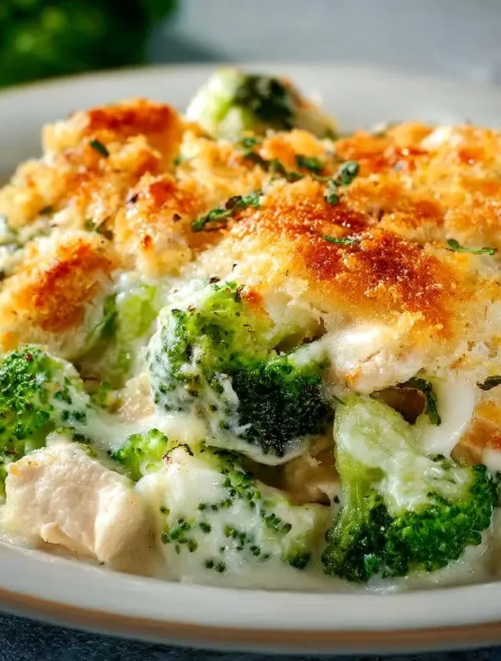 Creamy Keto Chicken Alfredo Broccoli Bake with cheese and chicken
