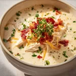 Creamy keto chicken cream cheese soup in a bowl with fresh herbs