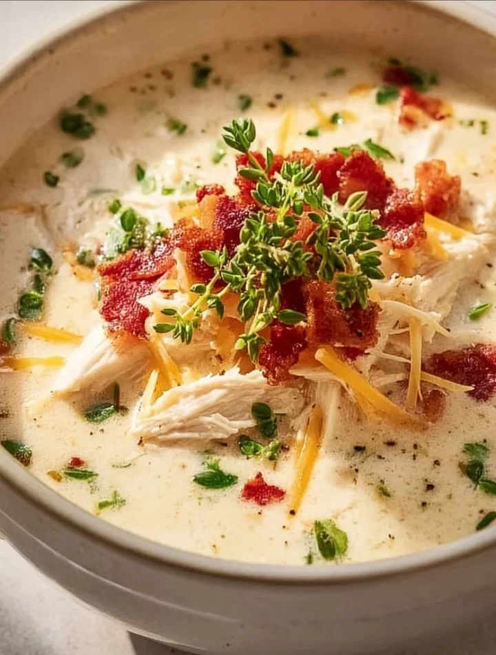 Creamy keto chicken cream cheese soup in a bowl with fresh herbs