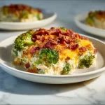 Creamy low carb chicken casserole with broccoli and bacon in a baking dish.