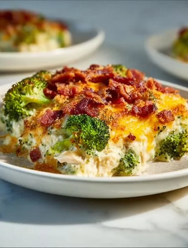 Creamy low carb chicken casserole with broccoli and bacon in a baking dish.