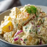 Bowl of creamy potato salad garnished with herbs