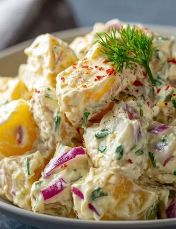 Bowl of creamy potato salad garnished with herbs