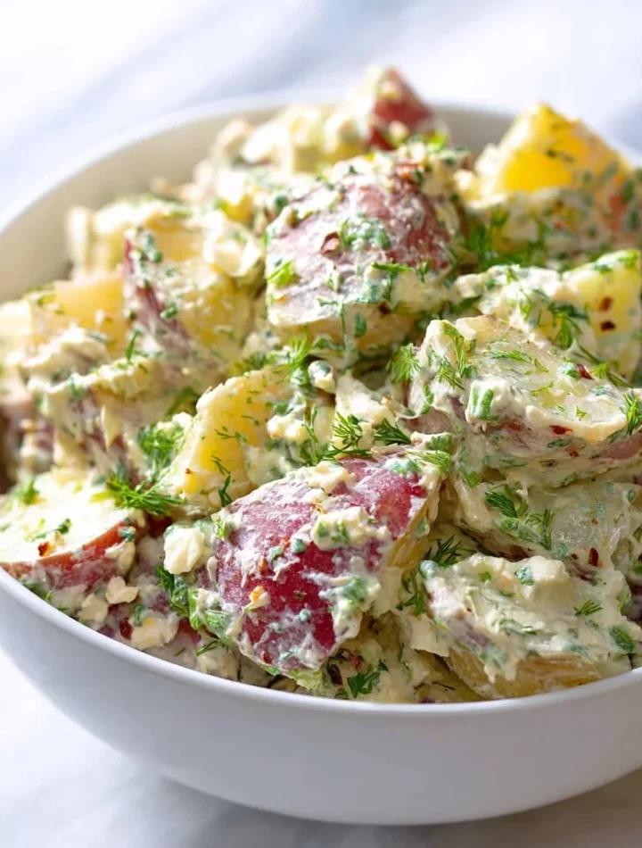 Creamy red potato salad in a bowl, garnished with herbs.