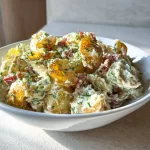Crispy smashed potato salad served in a bowl with fresh herbs and dressing