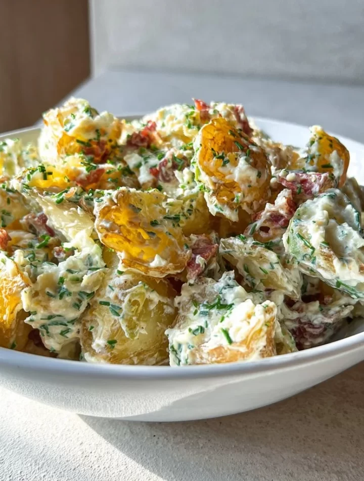 Crispy smashed potato salad served in a bowl with fresh herbs and dressing