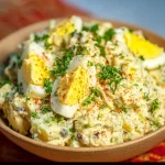 Bowl of deviled egg potato salad garnished with paprika and herbs