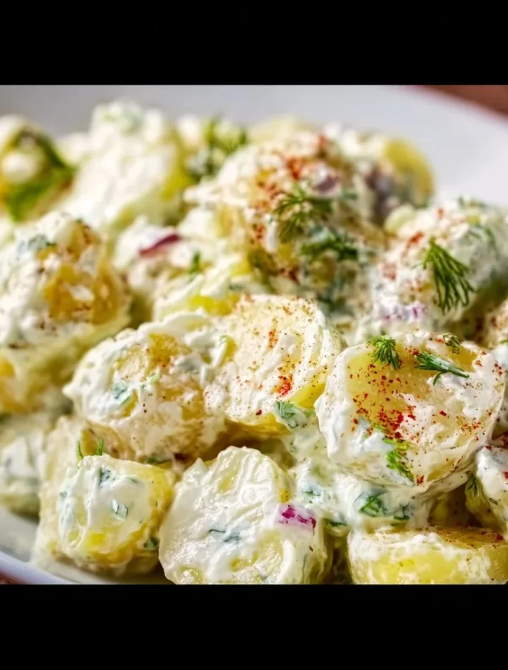 Bowl of creamy Dill Potato Salad with fresh herbs and potatoes