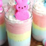 Easter Bunny Parfait dessert with layers of colorful ingredients for Easter celebrations