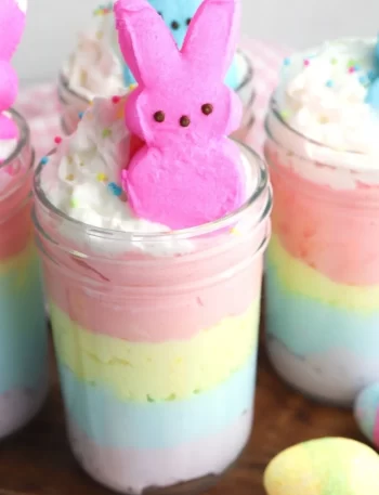 Easter Bunny Parfait dessert with layers of colorful ingredients for Easter celebrations